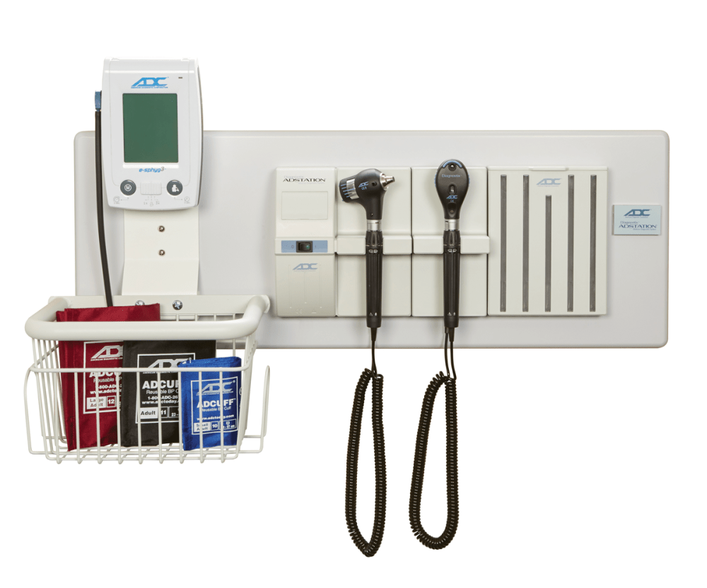 ADC Adstation™ 5610-38W- 3.5V Modular Diagnostix Wall System with e-sphyg 3, Standard Otoscope, Coax Ophth, Dispenser, Thermometer, W.Board