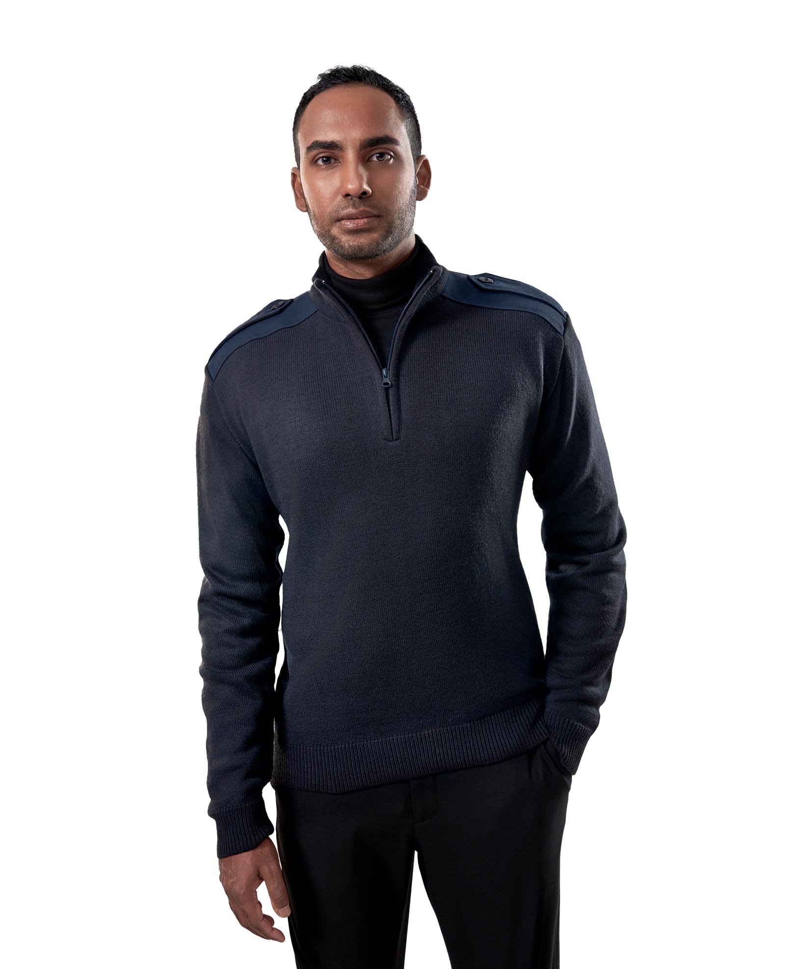 Cobmex Quarter Zip Mockneck “Military” with Button Epaulets, Shoulder and Elbow Patches