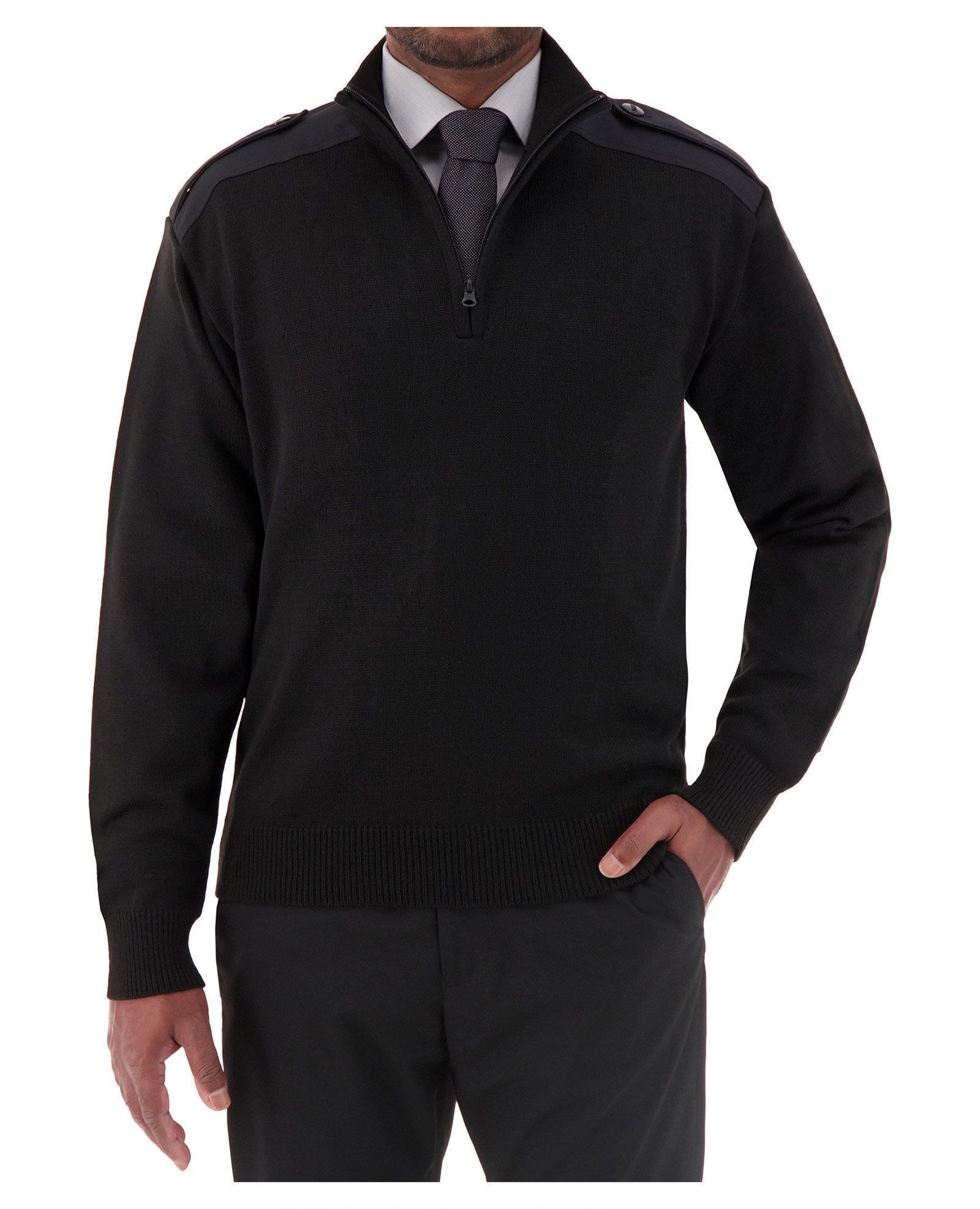 Cobmex Quarter Zip Mockneck “Military” with Button Epaulets, Shoulder and Elbow Patches