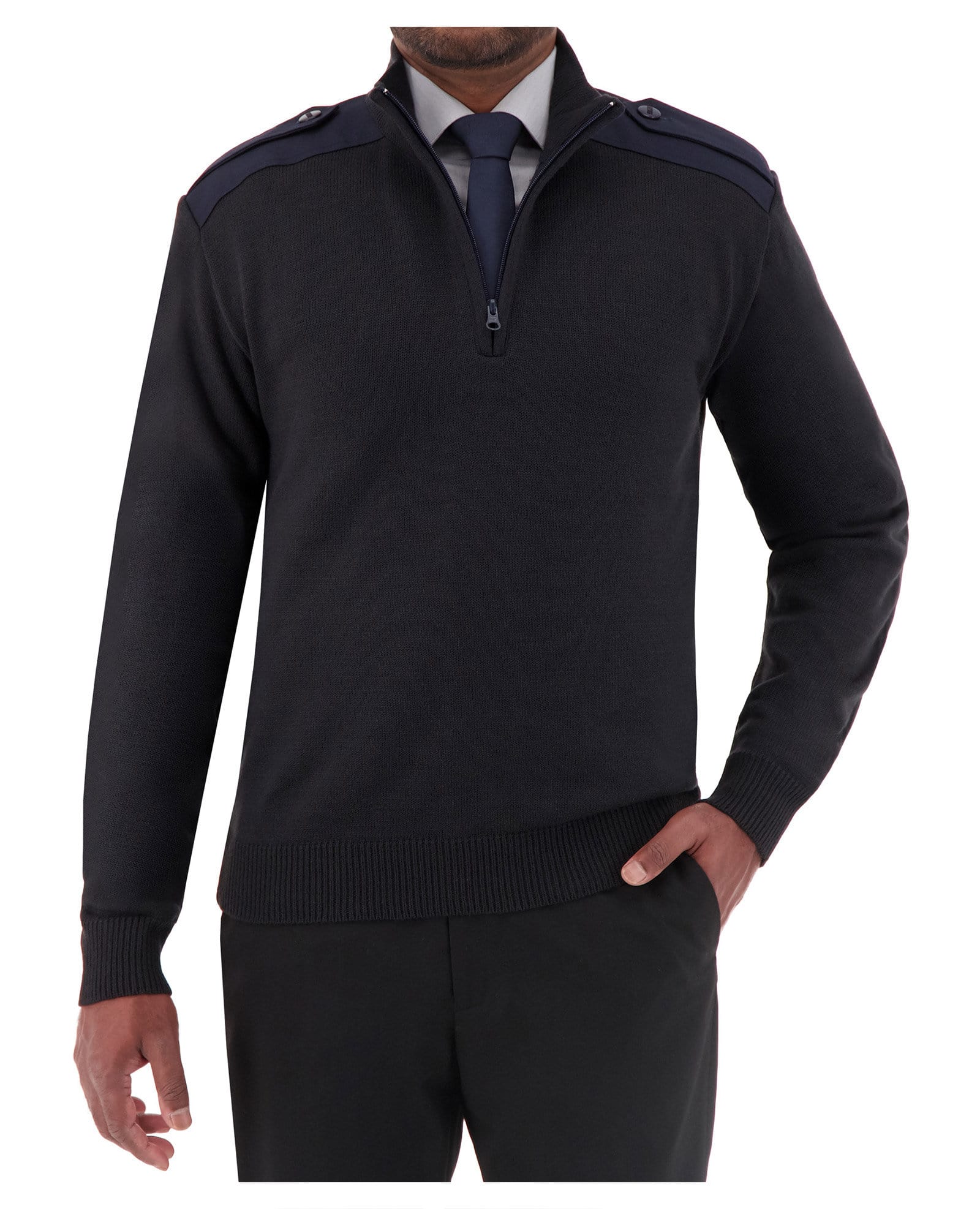 Cobmex Quarter Zip Mockneck “Military” with Button Epaulets, Shoulder and Elbow Patches