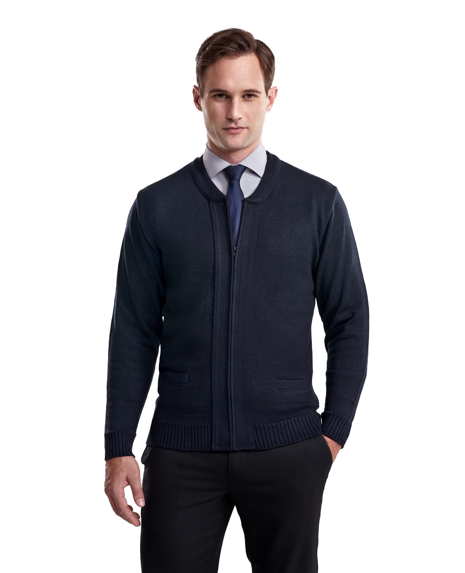 Cobmex Crew Neck Long Sleeve Zip Front Cardigan with Pockets, Ribbed Waistband and Cuffs