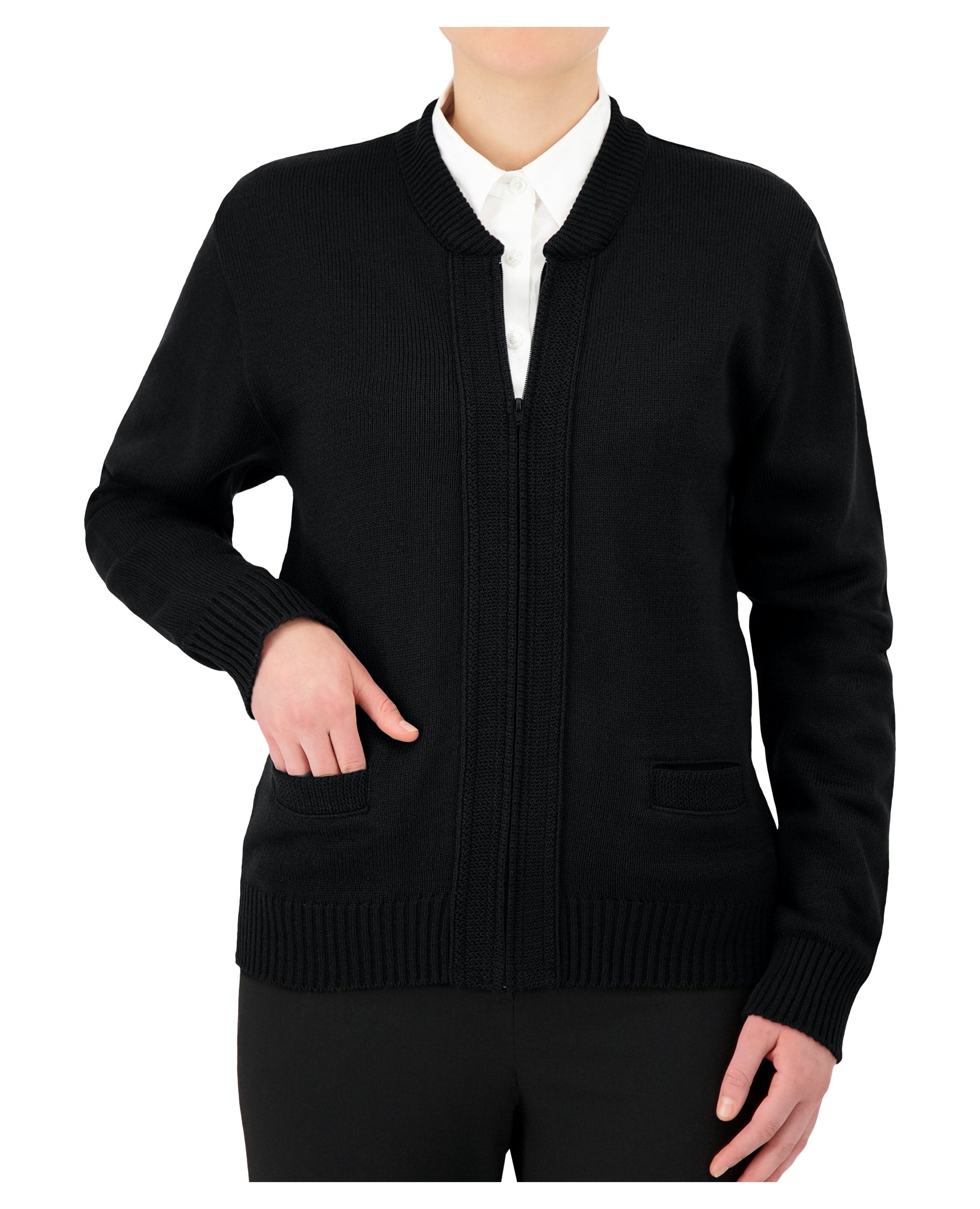 Cobmex Crew Neck Zip Front Cardigan with Seed Stitch Placket and Pockets, Reinforced Elbows, Ribbed Waistband and Cuffs