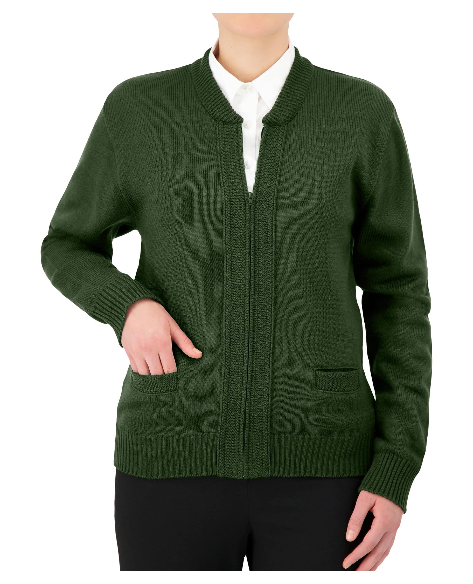 Cobmex Crew Neck Zip Front Cardigan with Seed Stitch Placket and Pockets, Reinforced Elbows, Ribbed Waistband and Cuffs
